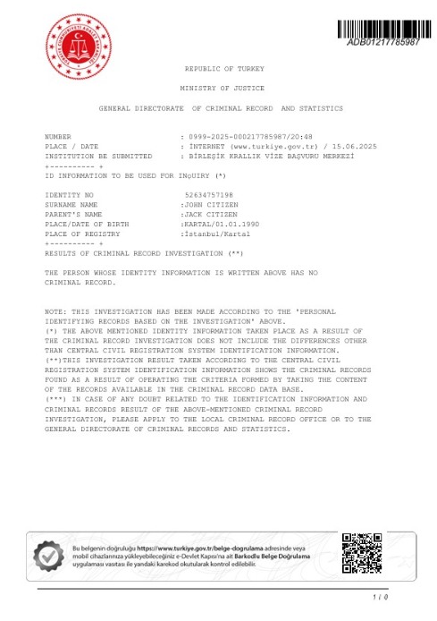 Turkey Ministry of Justice Criminal Record Certificate